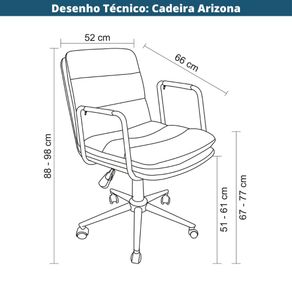 6 Cadeira de Escritorio Giratoria Arizona Rivatti Estofado em PU Cinza Base Rodizio em Aco Preto Desenho Tecnico